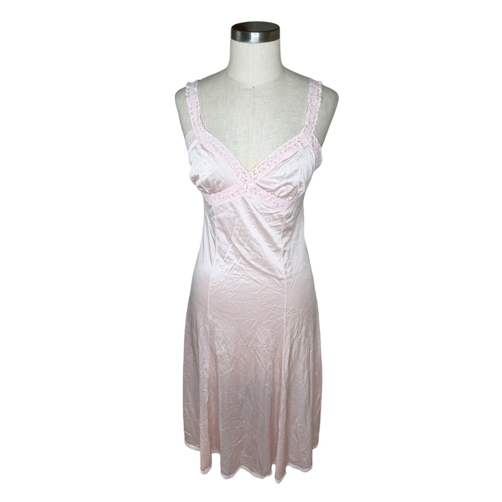 OLGA Vintage Satin Slip Dress Pink Lace Trim V-Neck Lingerie Women's 36T Long
